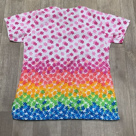 Womens Bio Bring It On Nursing Medical Colorful Rainbow Scrub Top Shirt‎ - Picture 2 of 5